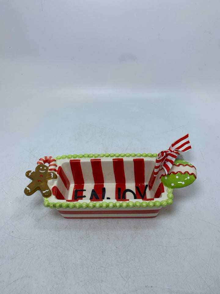 SMALL "ENJOY" MINI LOAF PAN STRIPED W/ GREEN BEADED EDGE MUDPIE.
