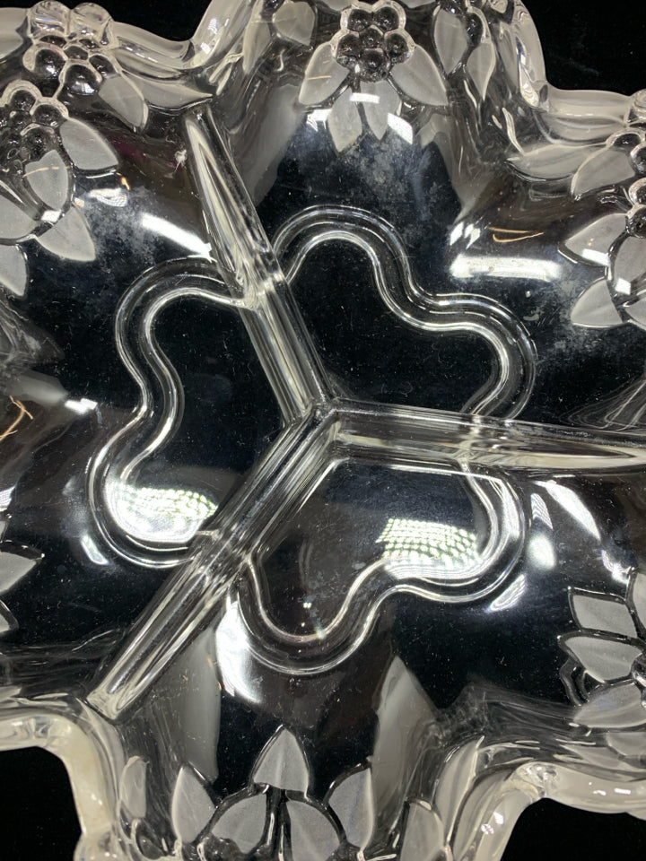 DIVIDED GLASS SERVING DISH W/FROSTED FLOWERS.