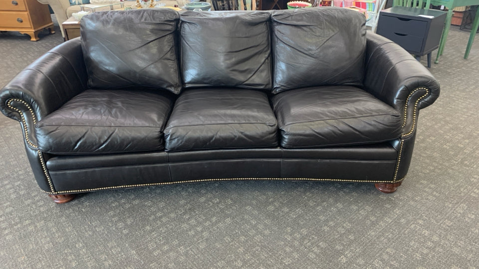 DARK BROWN LEATHER NAILHEAD DETAIL SOFA- LIGHT BROWN WOOD LEGS.
