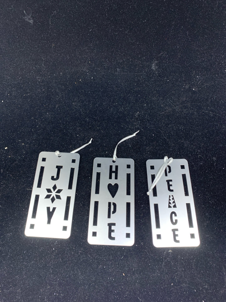 3 "JOY" "PEACE" "HOPE" SILVER METAL ORNAMENTS.