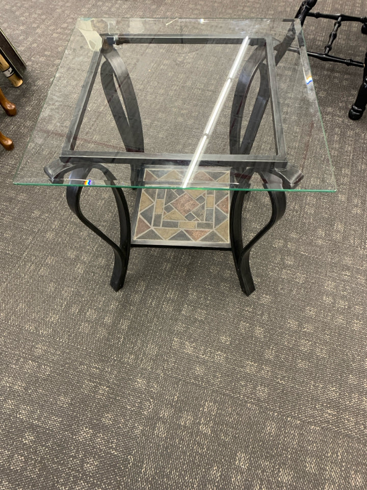 METAL 2 TIER TABLE TILE BOTTOM/GLASS TOP SIDE TABLE.