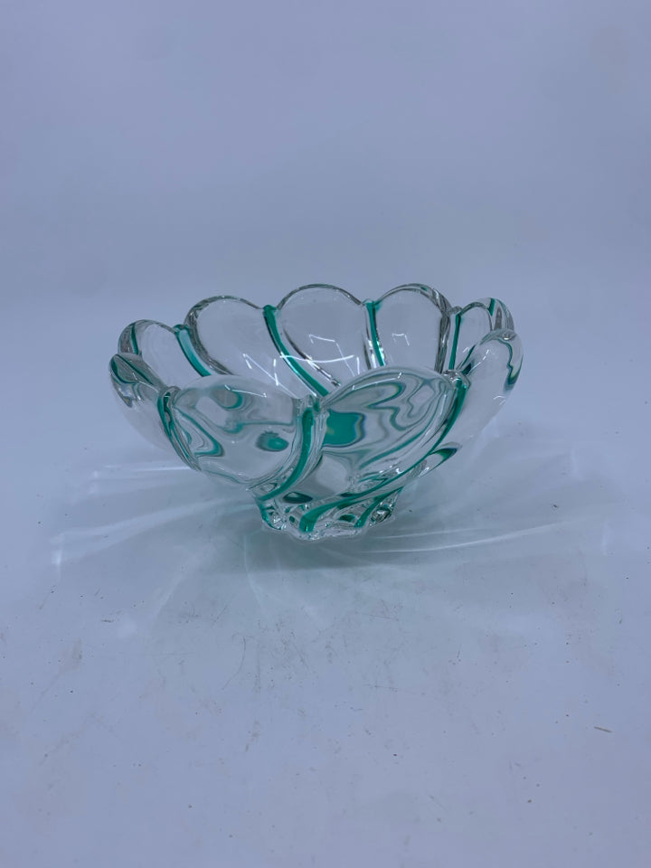 SCALLOP EDGE GREEN SWIRL CANDY DISH.