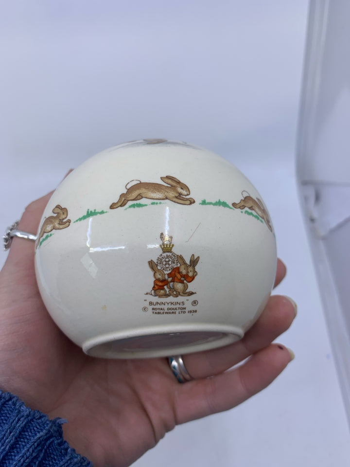 SMALL BUNNYKINS SPHERE IVORY COLORED VASE W/ BUNNIES TRYING TO WAKE UP FATHER FR