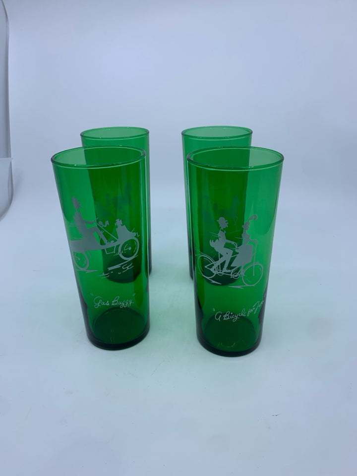 4 VTG GREEN GLASS WATER/ TALL COCKTAIL GLASSES.