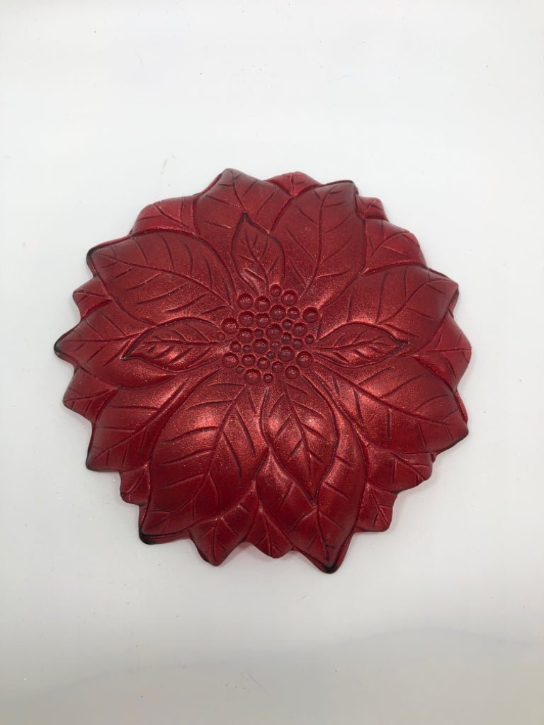 RED POINSETTIA SHAPED GLASS DISH.
