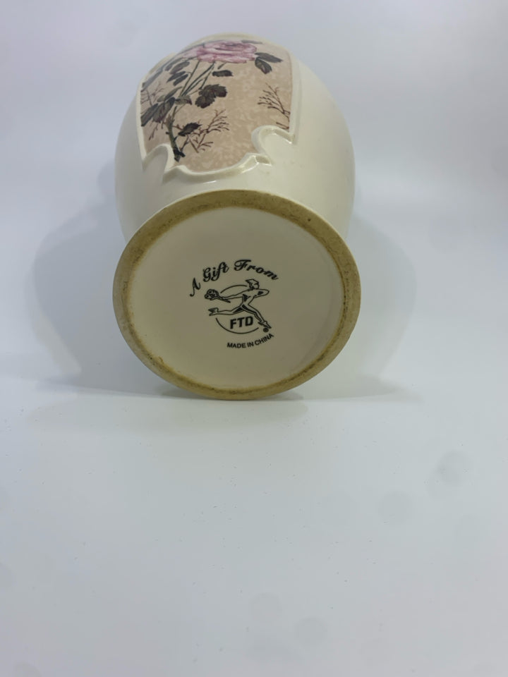 ROSE PAINTED CREAM FOOTED VASE.