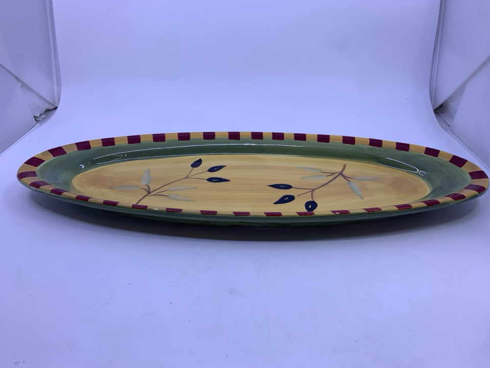 OVAL GREEN/YELLOW RED BLOCK BRANCHES SERVING DISH.