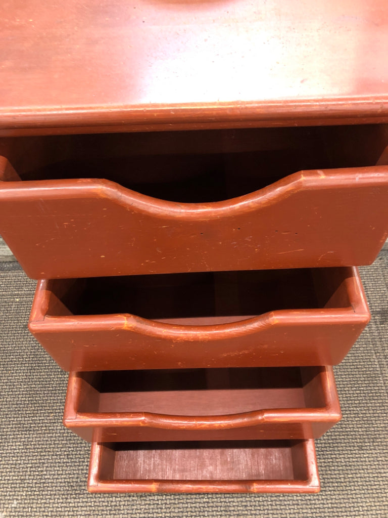 PRIMITIVE 4-DRAWER RED-WOOD STORAGE CABINET.