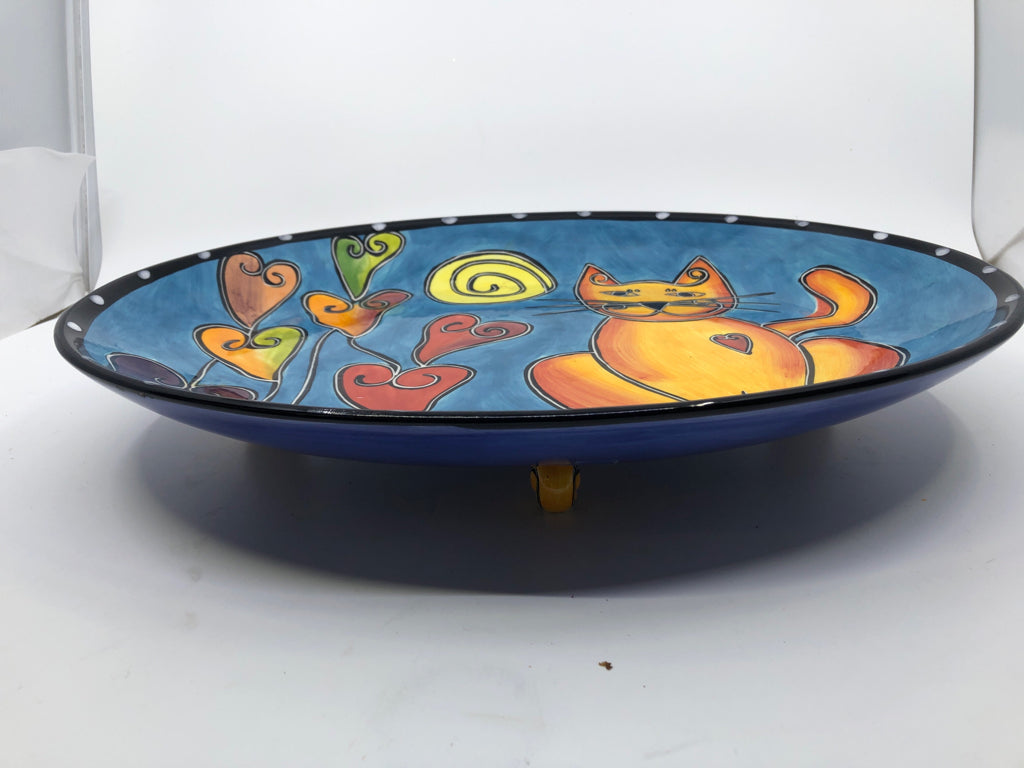 HAPPY CAT FOOTED OVAL CERAMIC PLATTER W/ ORANGE CAT + COLORFUL HEARTS.