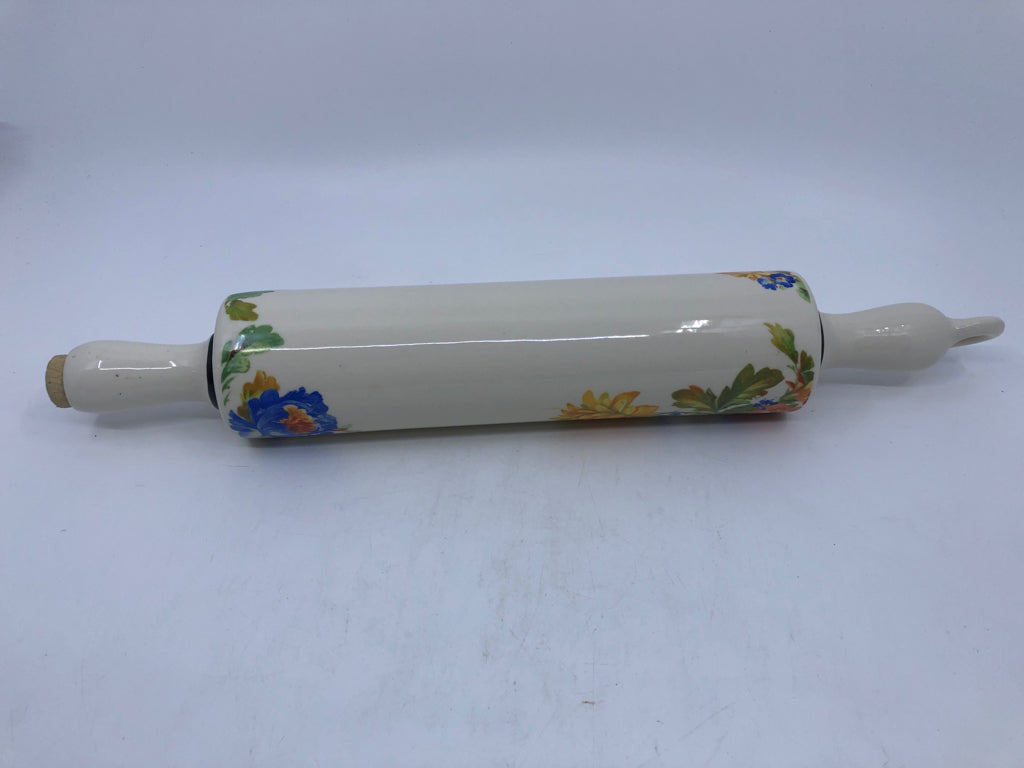 WHITE W FLORAL CERAMIC HANGING FILLABLE ROLLING PIN.