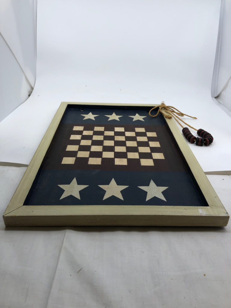 RECTANGLE PRIMITIVE AMERICANA CHECKER BOARD W STARS WALL HANGING.