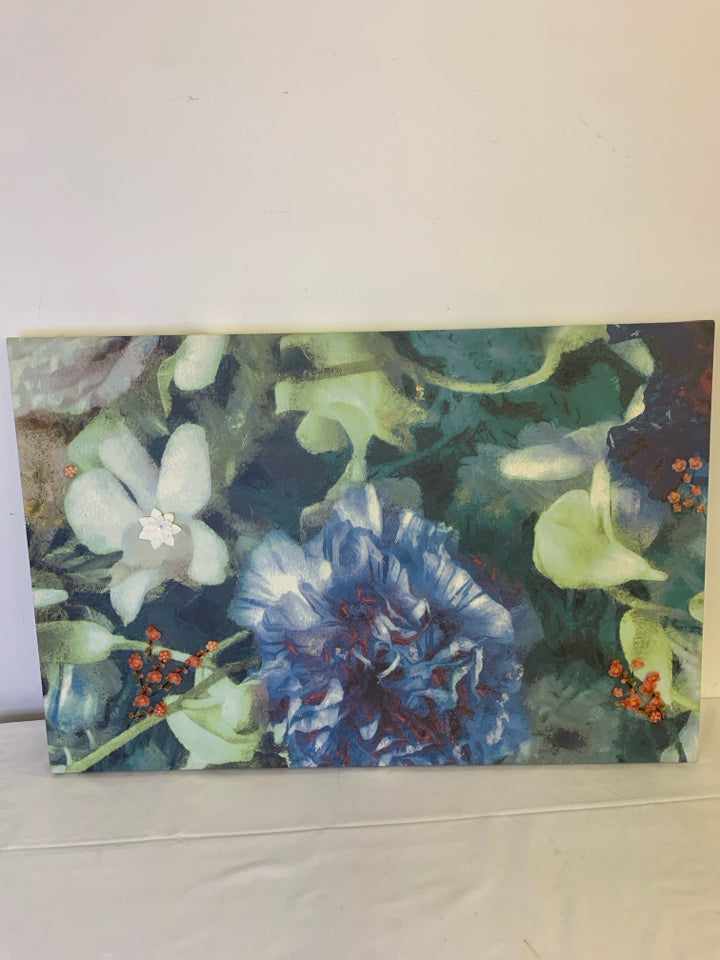 BLUE FLORAL CANVAS WALL HANGING.