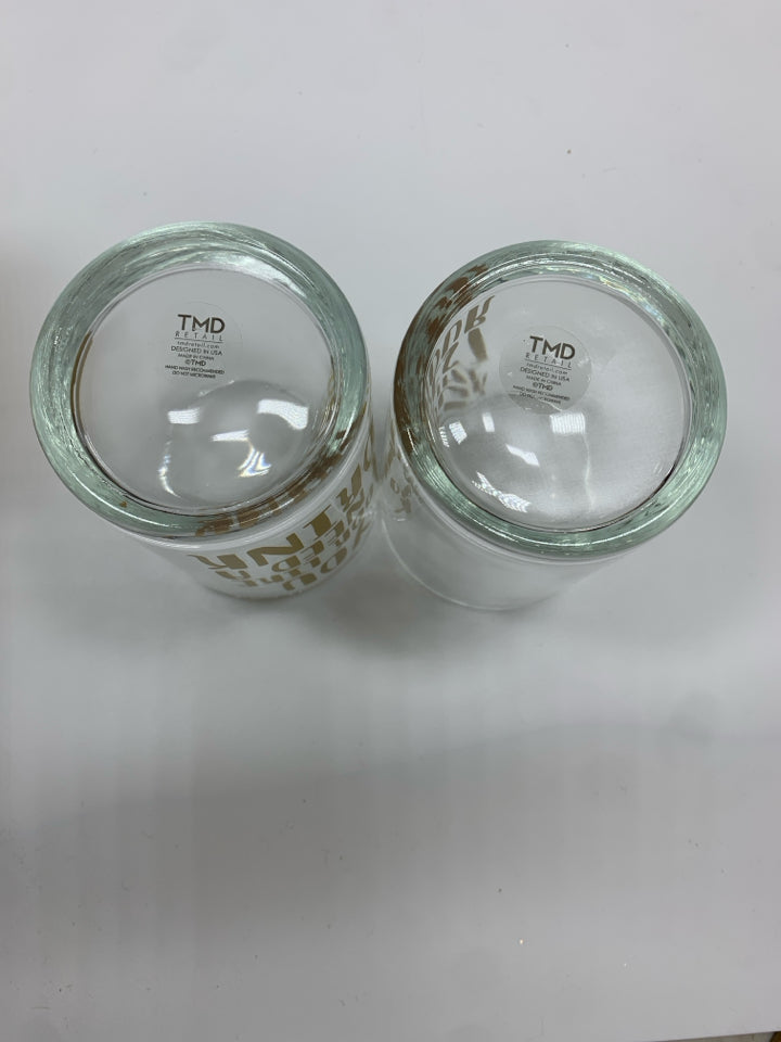 2 NIB HAPPY HOUR GLASSES W/GOLD LETTERING.