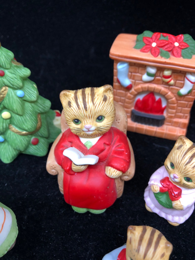 6PC CAT FAMILY, TREE, FIREPLACE CERAMIC FIGURINES.