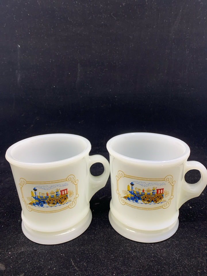 2 VTG AVON MILK GLASS TRAIN MUGS.