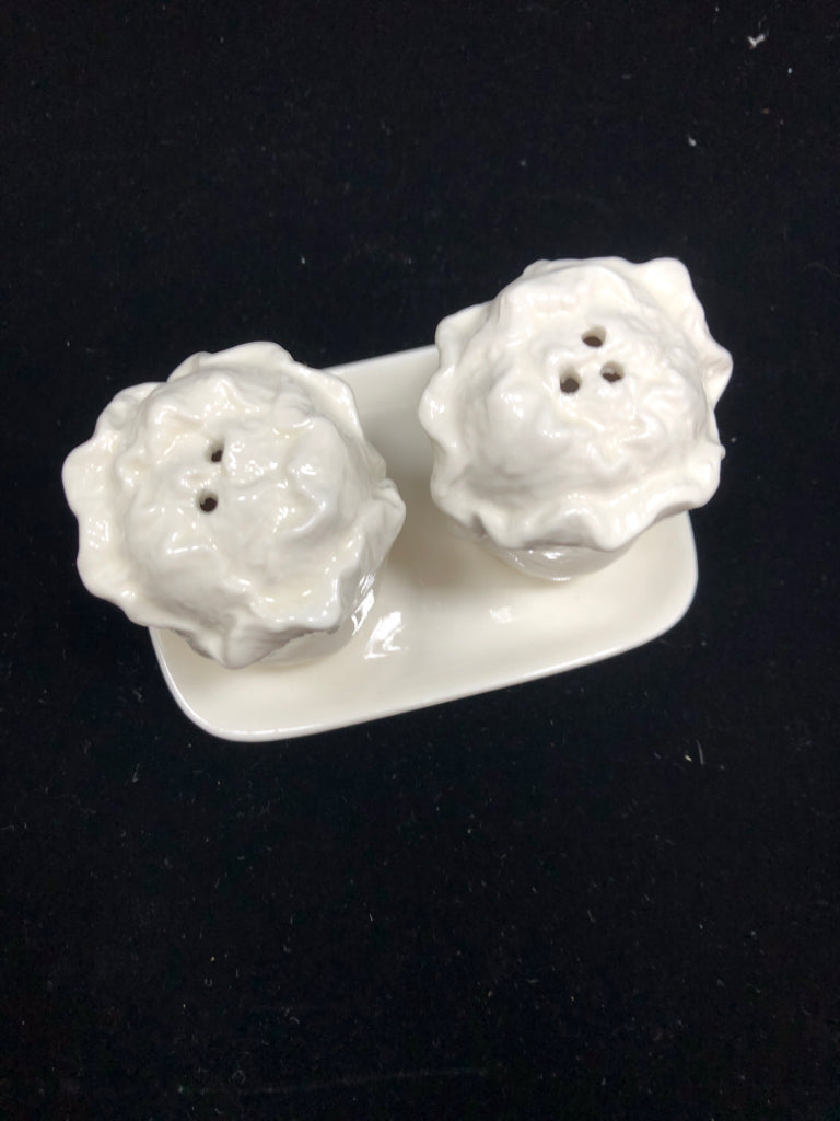 3PC CABBAGE SALT AND PEPPER SET ON TRAY.