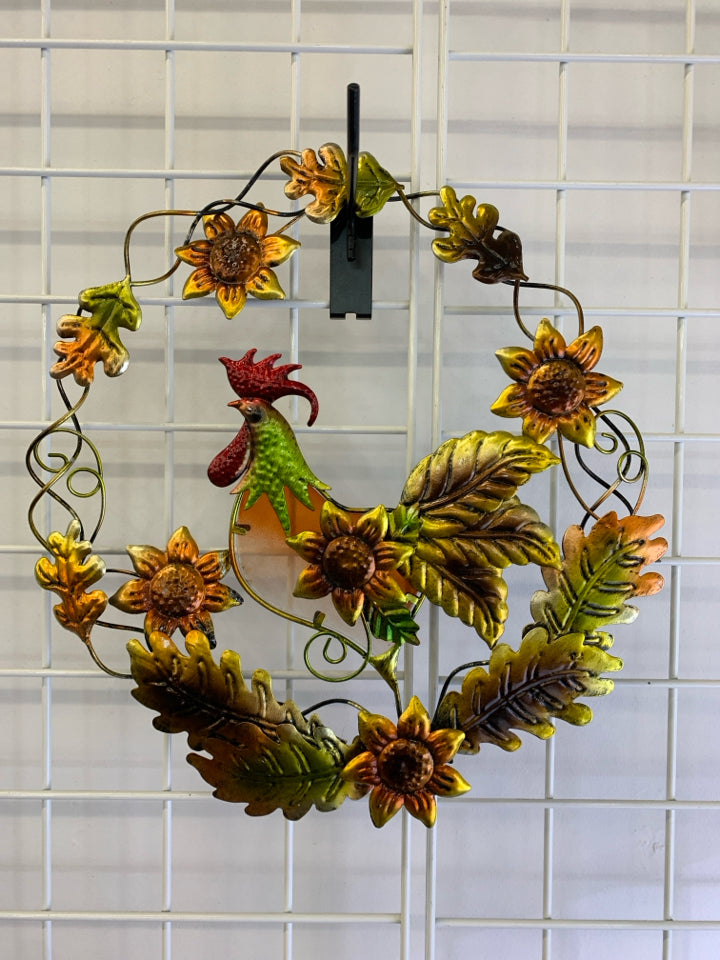 METAL WIRE ROOSTER WREATH SUNFLOWERS.