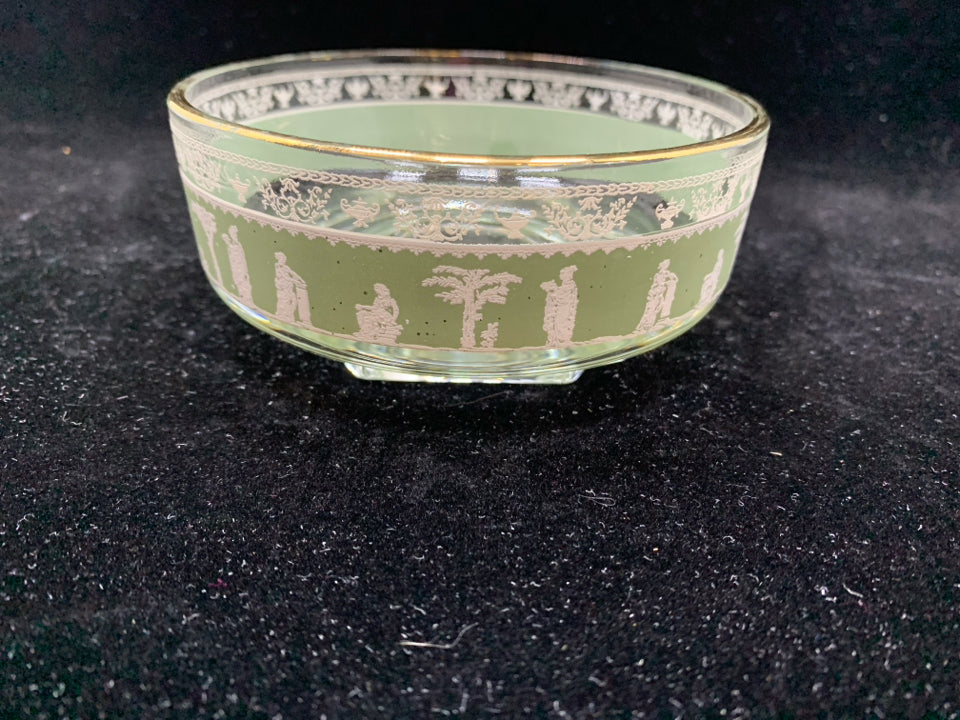 VTG 5PC HELLENIC GREEN GLASS SERVING BOWL W/4 BOWLS.