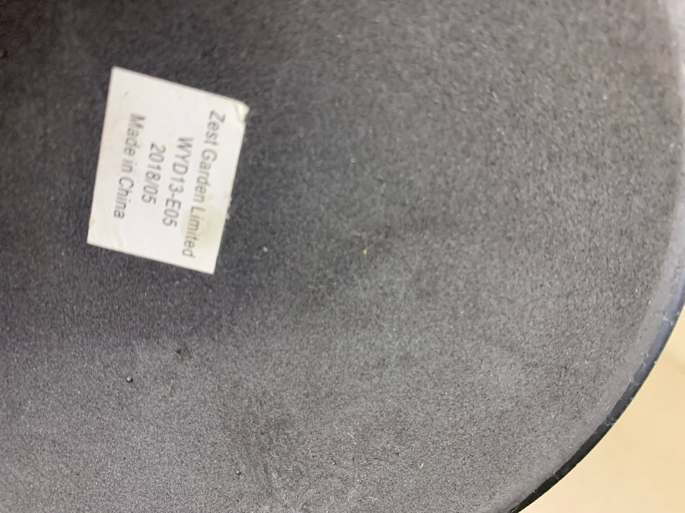 BLACK TABLE LAMP W/CREAM, BLACK STRIPE SHADE.