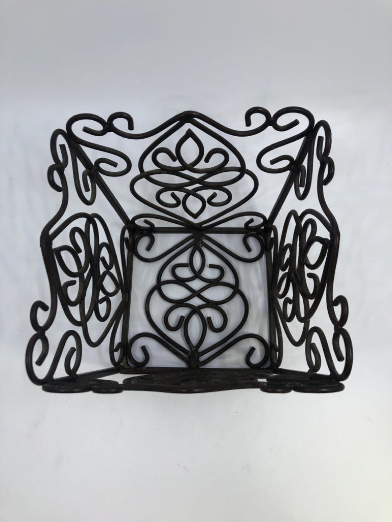 BROWN METAL SCROLL DETAIL BASKET.