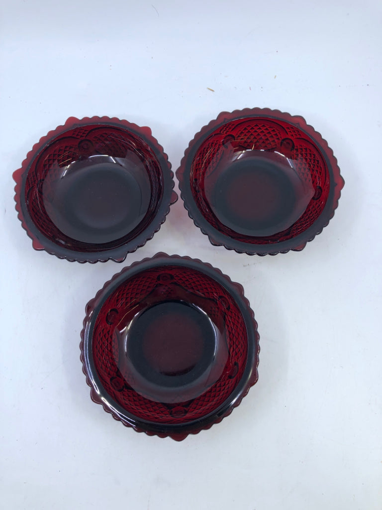 3 CRANBERRY GLASS BOWLS.