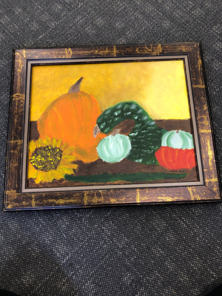 PUMPKINS PAINTING IN WOOD AND GOLD FRAME.