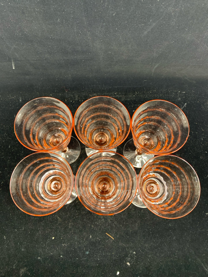 6 PINK GLASS SLIGHTLY FLARED WINE GLASSES.