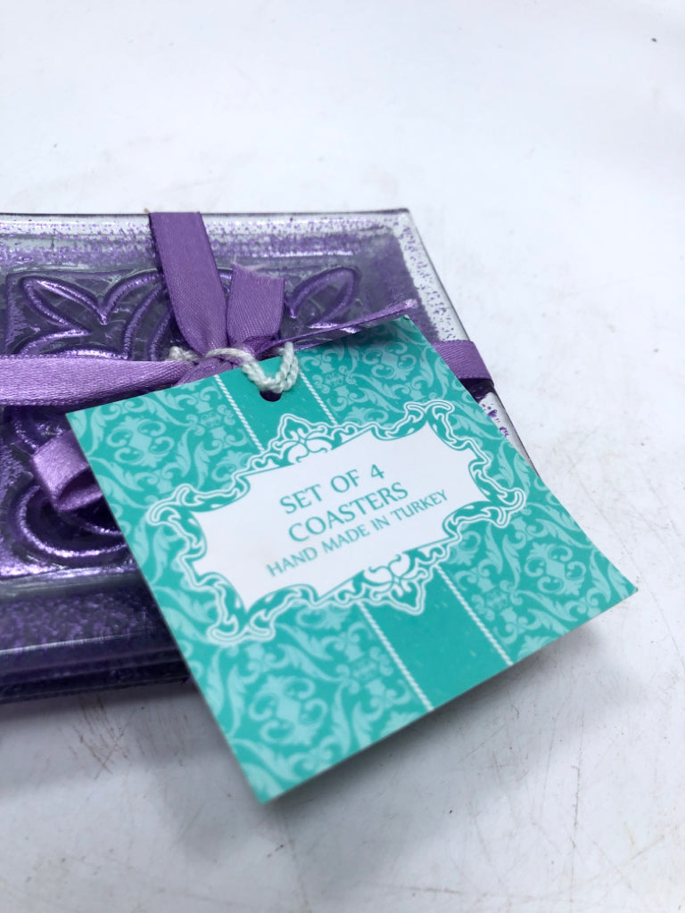 NWT 4 PURPLE GLASS COASTERS.