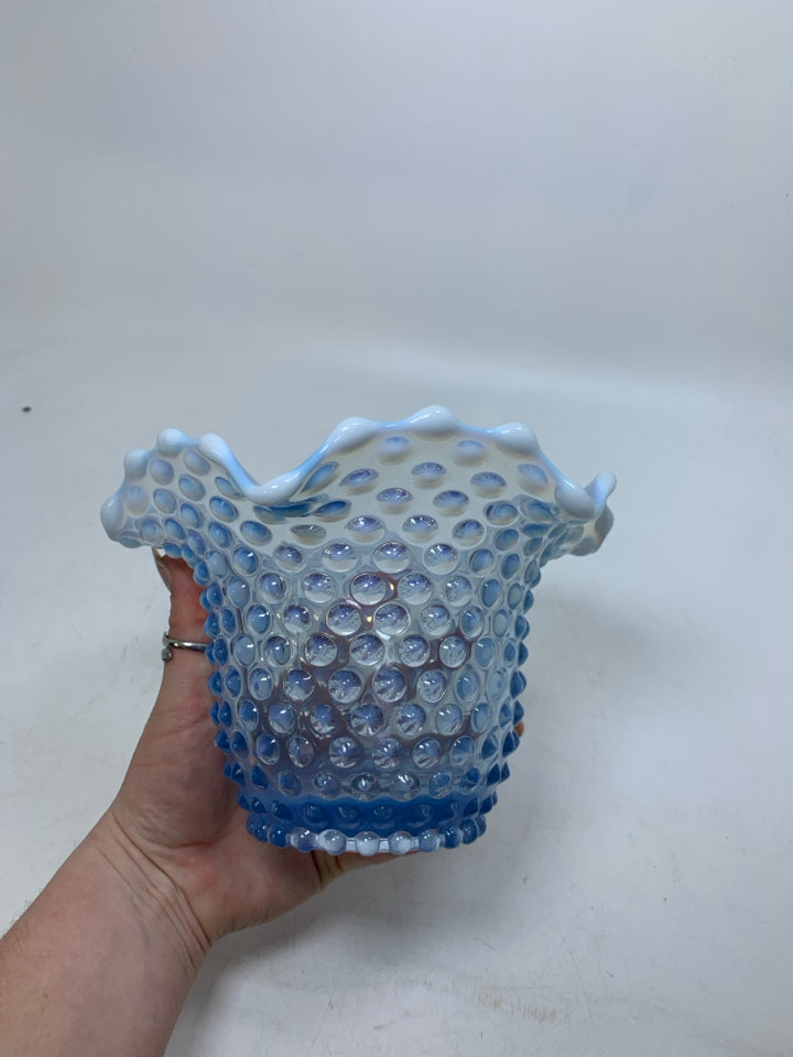 VTG BLUE/WHITE OPALESCENT HOBNAIL VASE W/ RUFFLED EDGE.