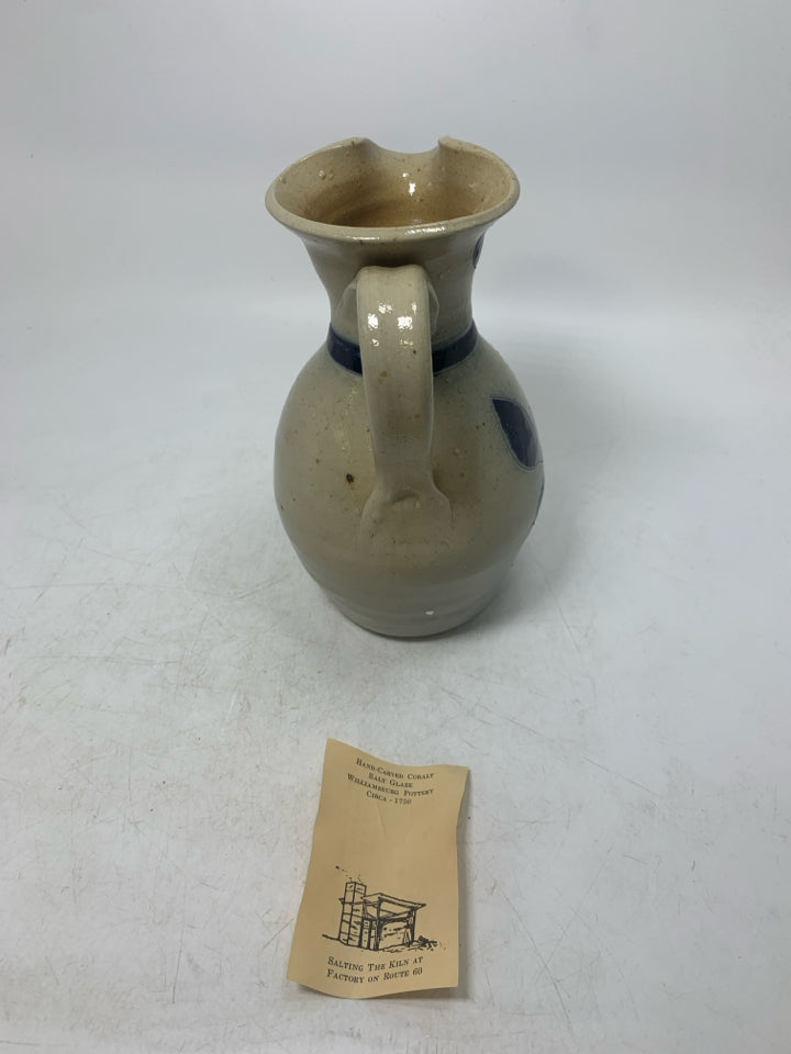 SALT GLAZE PITCHER W/ DARK BLUE DETAILS.