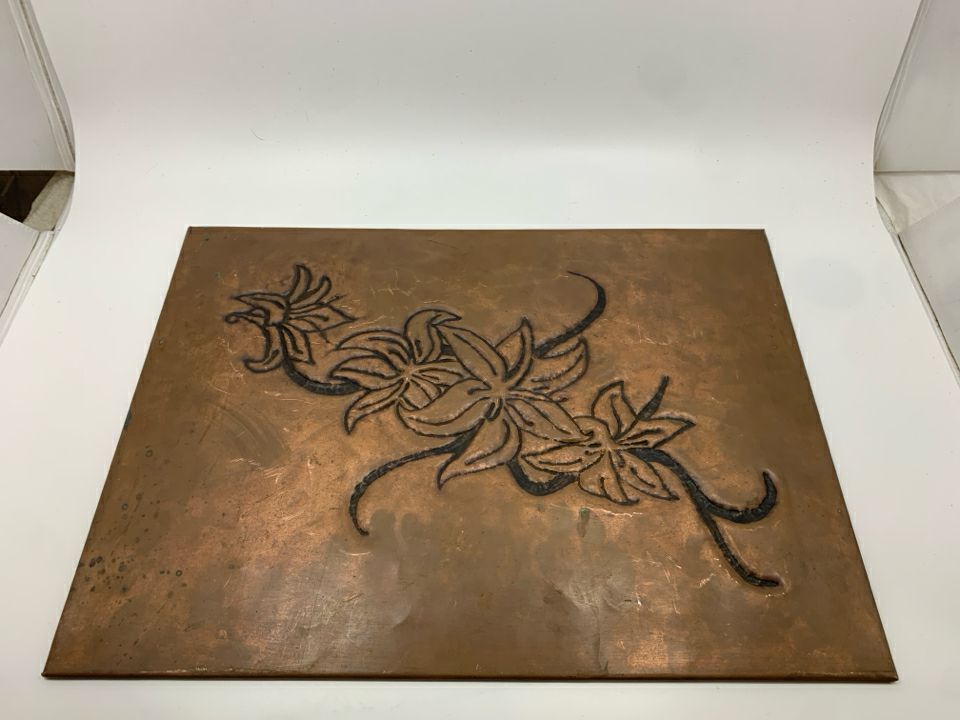 EMBOSSED COPPER FLOWER PLAQUE.