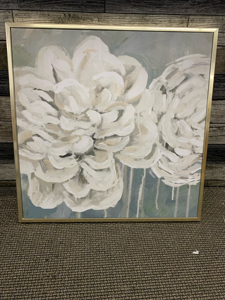 SAGE GREEN WHITE FLOWER CANVAS WALL HANGING IN GOLD FRAME.