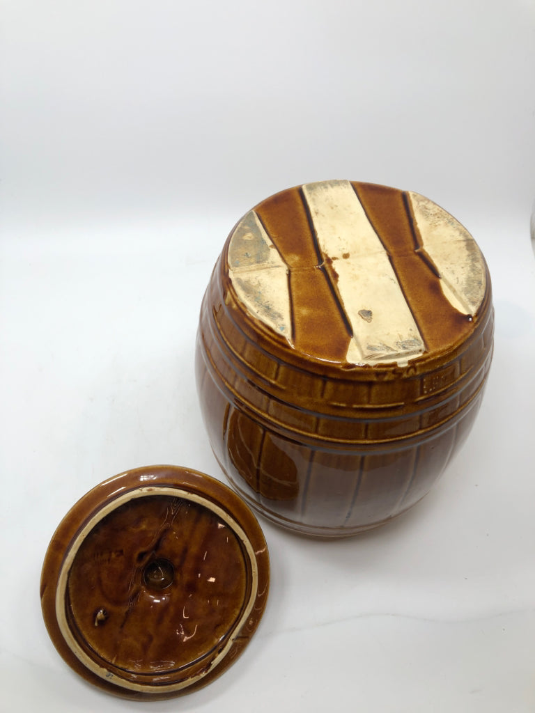 VTG GLAZED BARREL COOKIE JAR.
