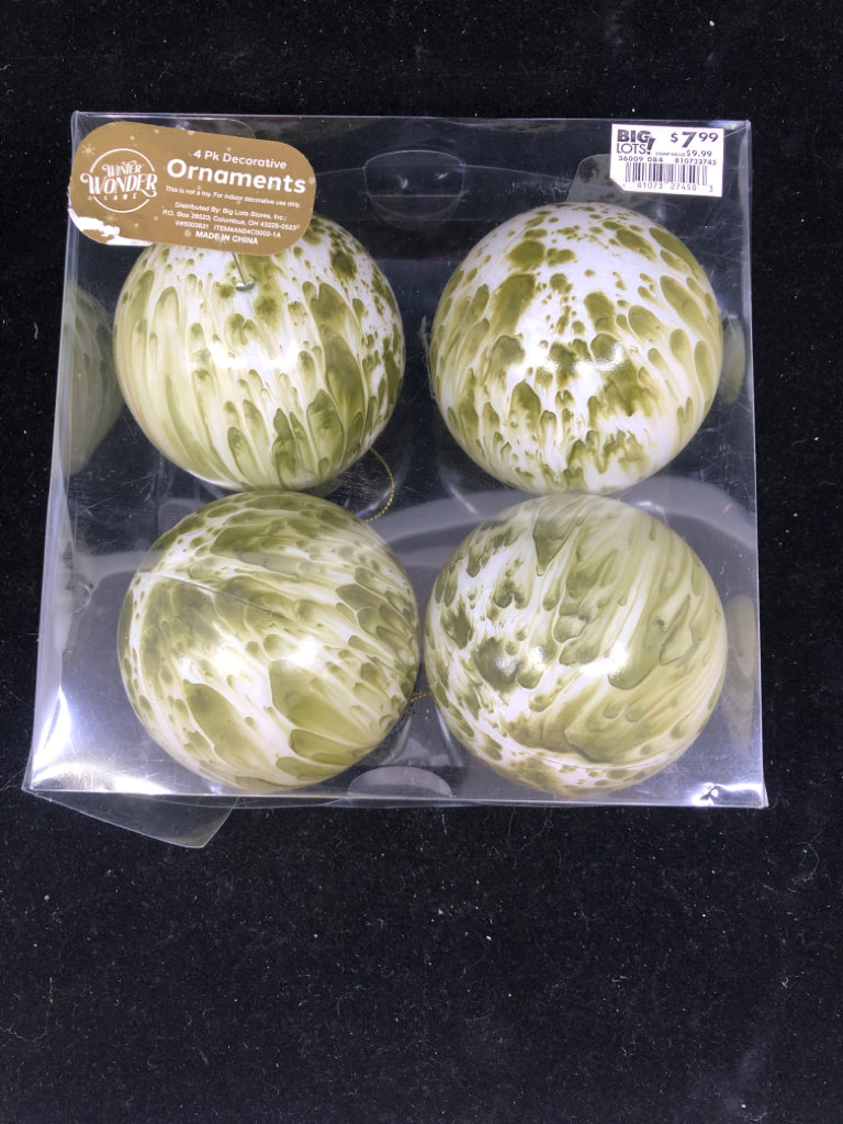 4 NIP GREEN BULB ORNAMENTS.
