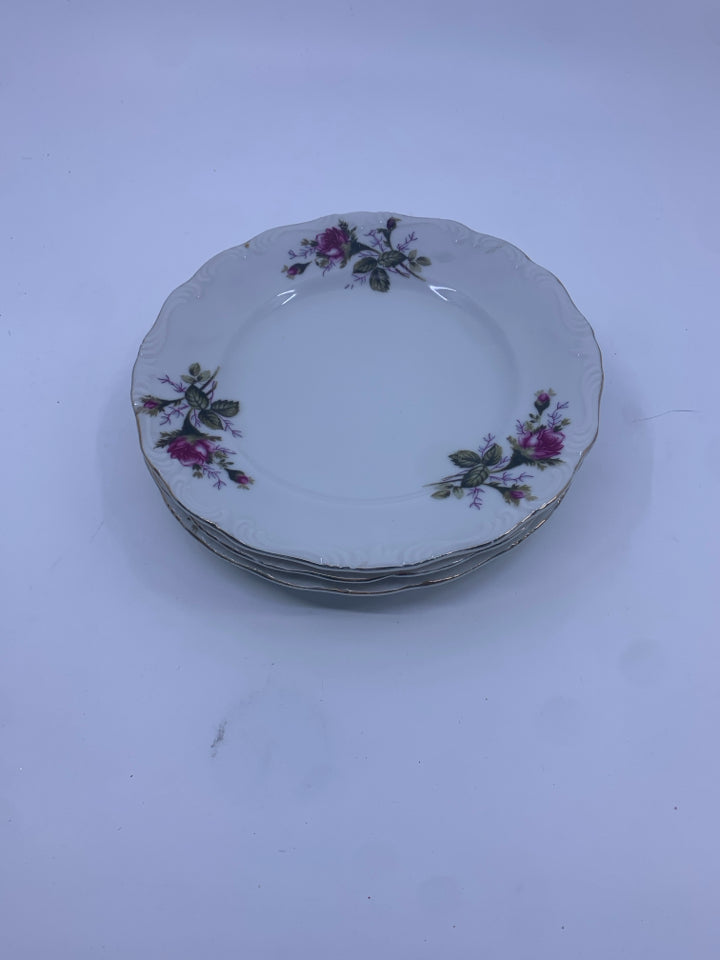 4 VTG ROSE PATTERN DESSERT PLATES.