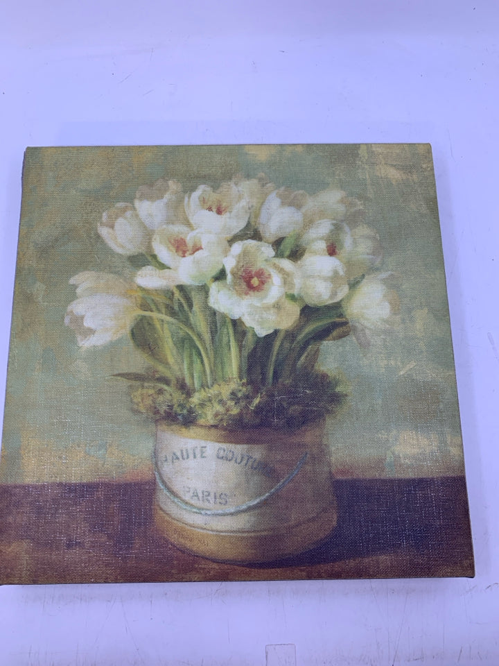 WHITE FLOWERS IN HAT BOX- CANVAS WALL ART.