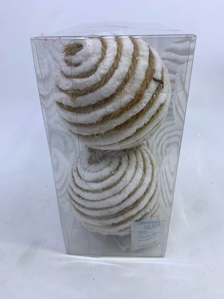 NIB 4 WHITE & TWINE GLITTER BALL ORNAMENTS.