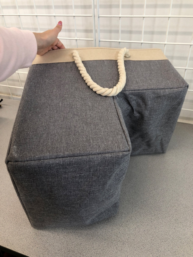 GREY/TAN FABRIC STAIR STORAGE BIN.