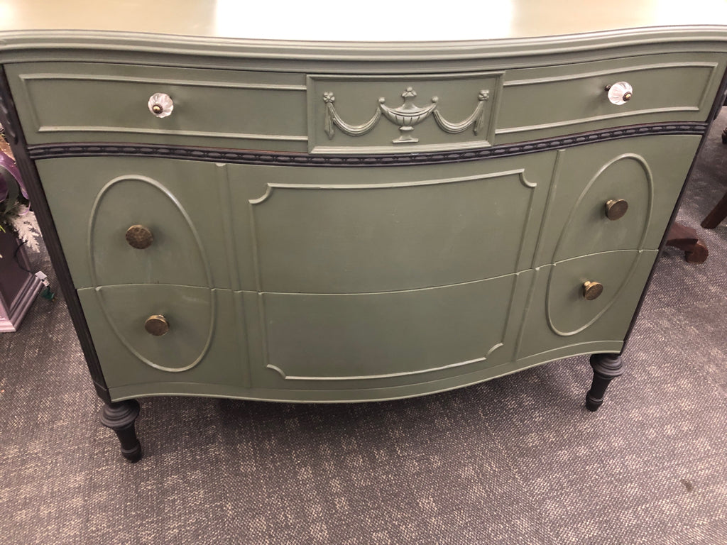 SAGE GREEN REFURBISHED 3 DRAWER DRESSER W/ ARCHED MIRROR.