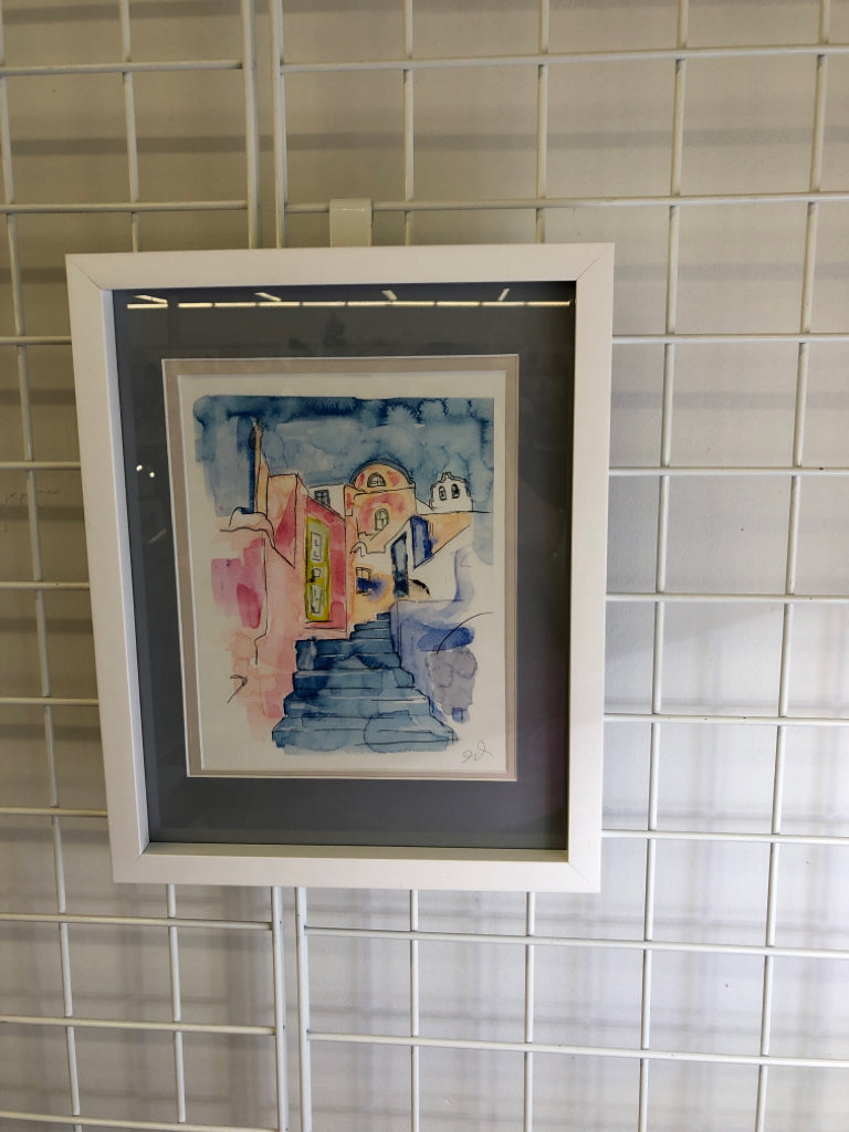 WATERCOLOR CITY SCAPE IN WHITE FRAME WALL DECOR.