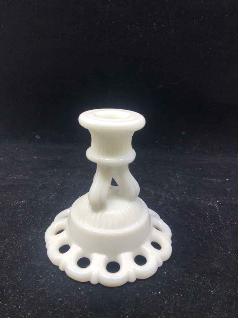 VTG WHITE MILK GLASS PIERCED EDGE CANDLE STICK.