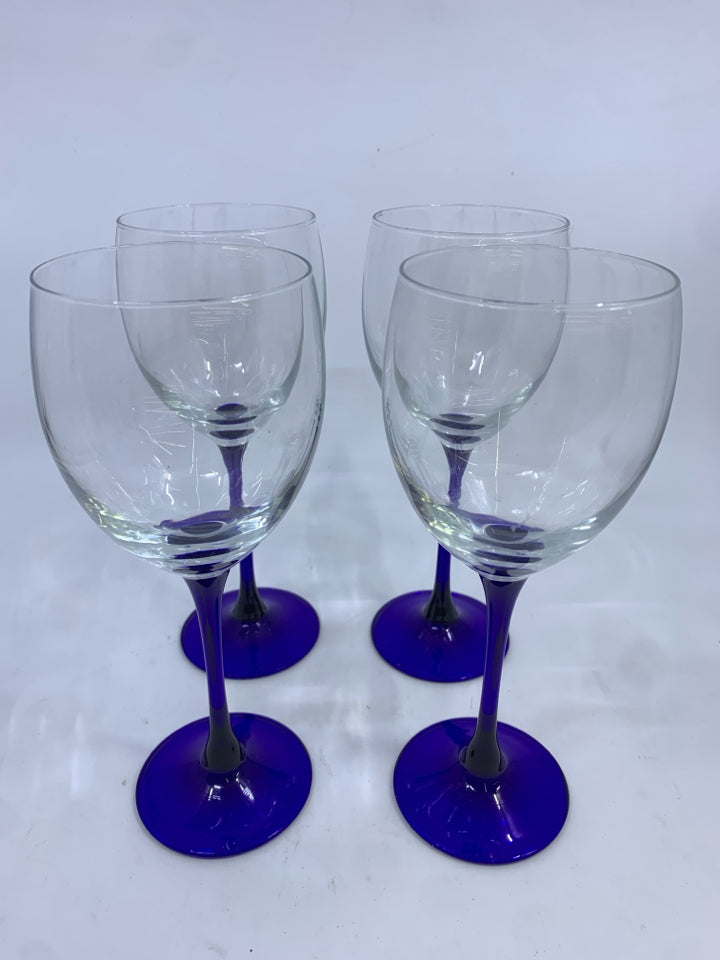 4 BLUE STEM WINE GLASSES.