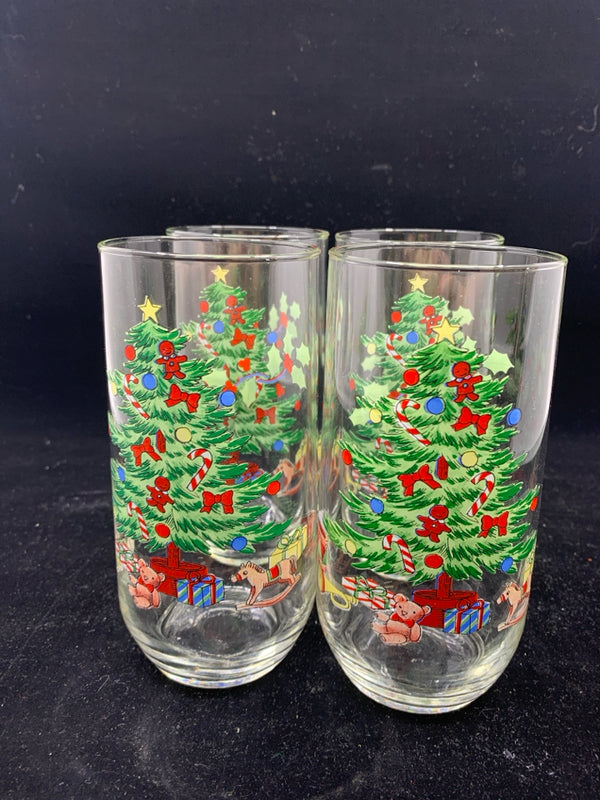 4 CHRISTMAS TREE WATER GLASSES.