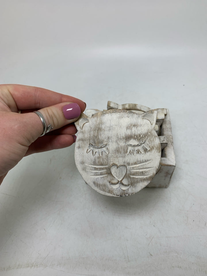 WHITE WASHED CAT FACES COASTERS W/ HOLDER.