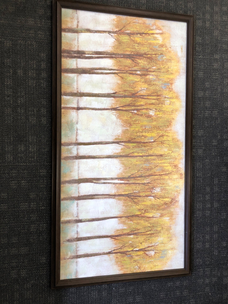 LARGE CANVAS W/ YELLOW TREES IN A ROW W/ DARK BROWN FRAME.