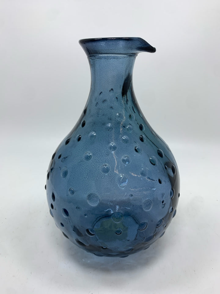 BLUE GLASS VASE W/HOBNAIL DETAILS.