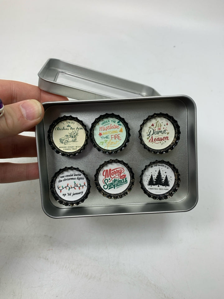 TAYLOR SWIFT THEMED BOTTLE CAP MAGNETS IN METAL BOX.