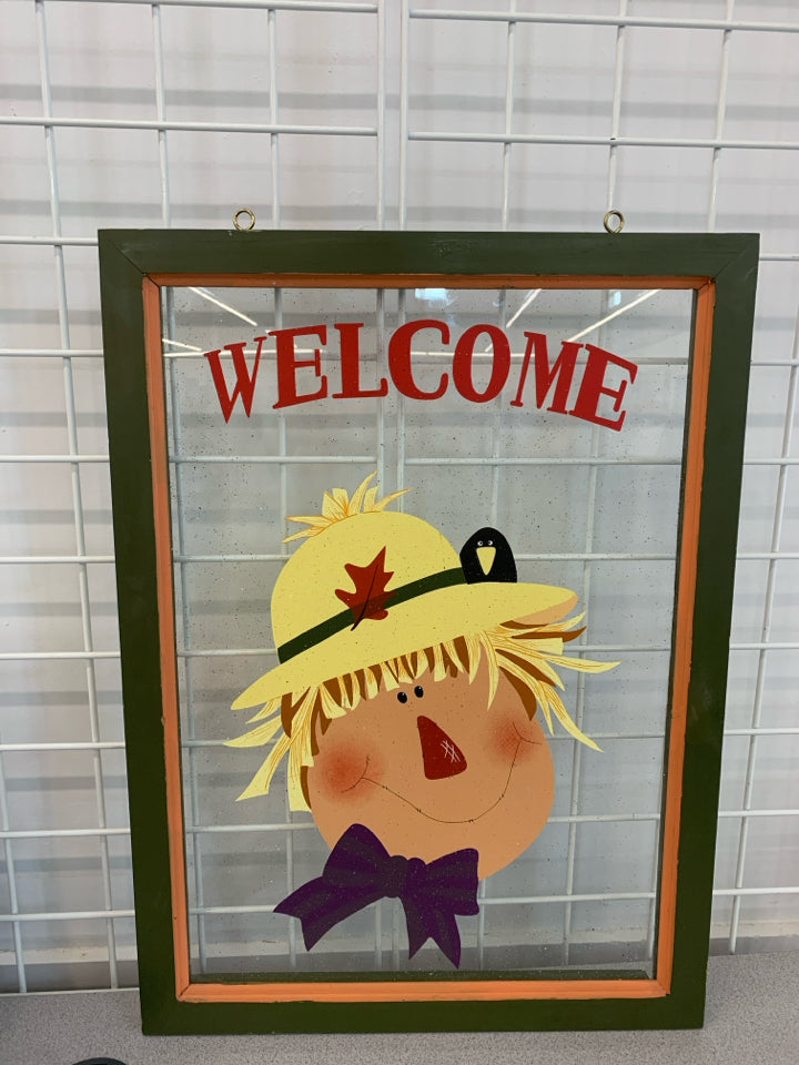 WELCOME SCARECROW ON GLASS WALL HANGING.