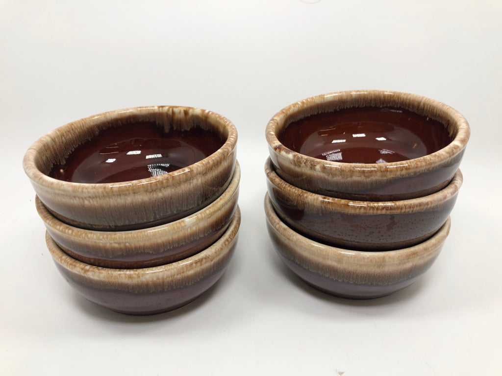 6 VTG TAN/BROWN CERAMIC GLAZE BOWLS.