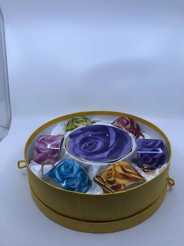 NIB 12 PC TEA CUP/SAUCER SET DIFFERENT COLORED ROSES.
